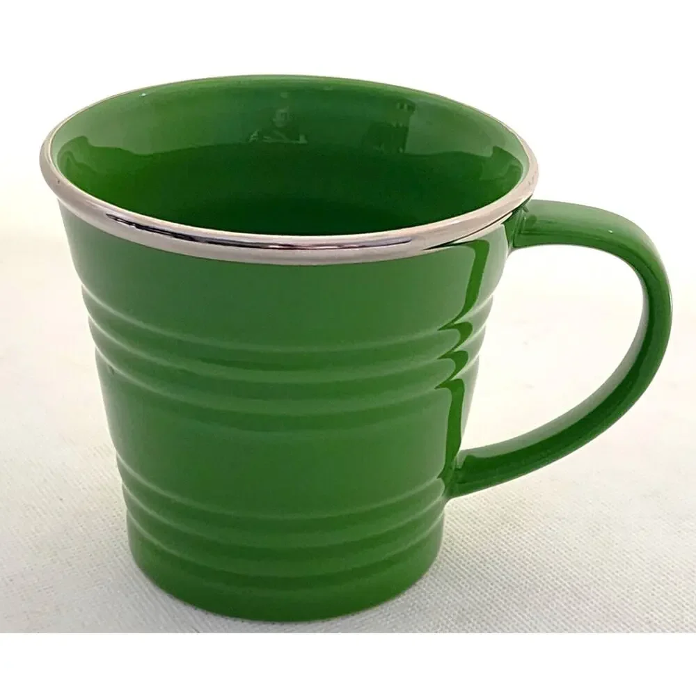 Starbucks 2007 Green Ceramic Coffee Mug 14 oz Silver Rim Ribbed Vintage Cup